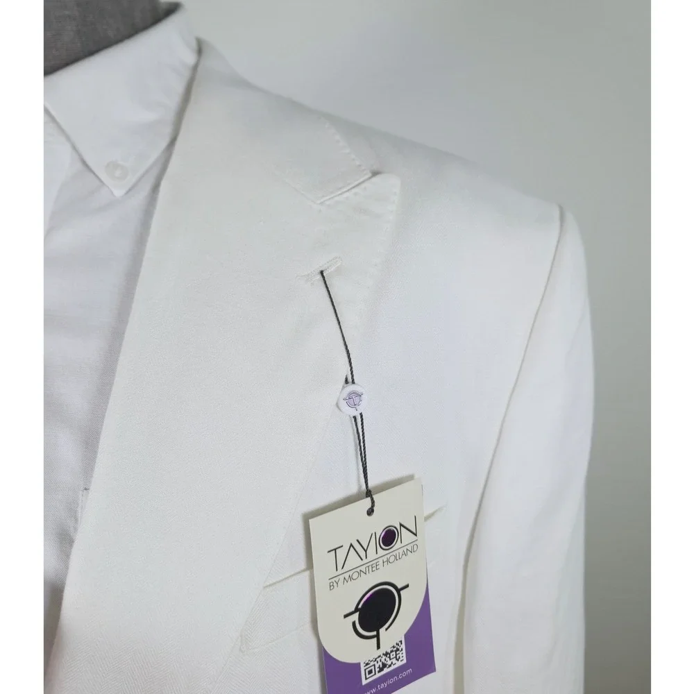 Tayion by Montee Holland Sport Coat Men White 44L 100% Linen Business Casual NWT